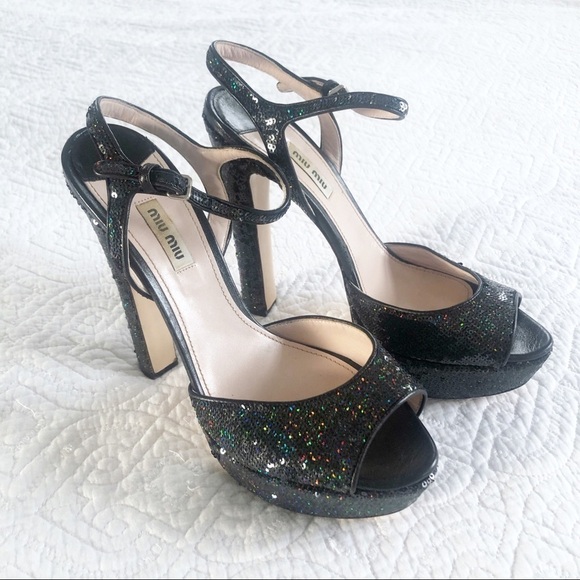 Miu Miu Black Sequined Glitter Platform Sandals 40.5 or Sz 10 - Picture 1 of 14